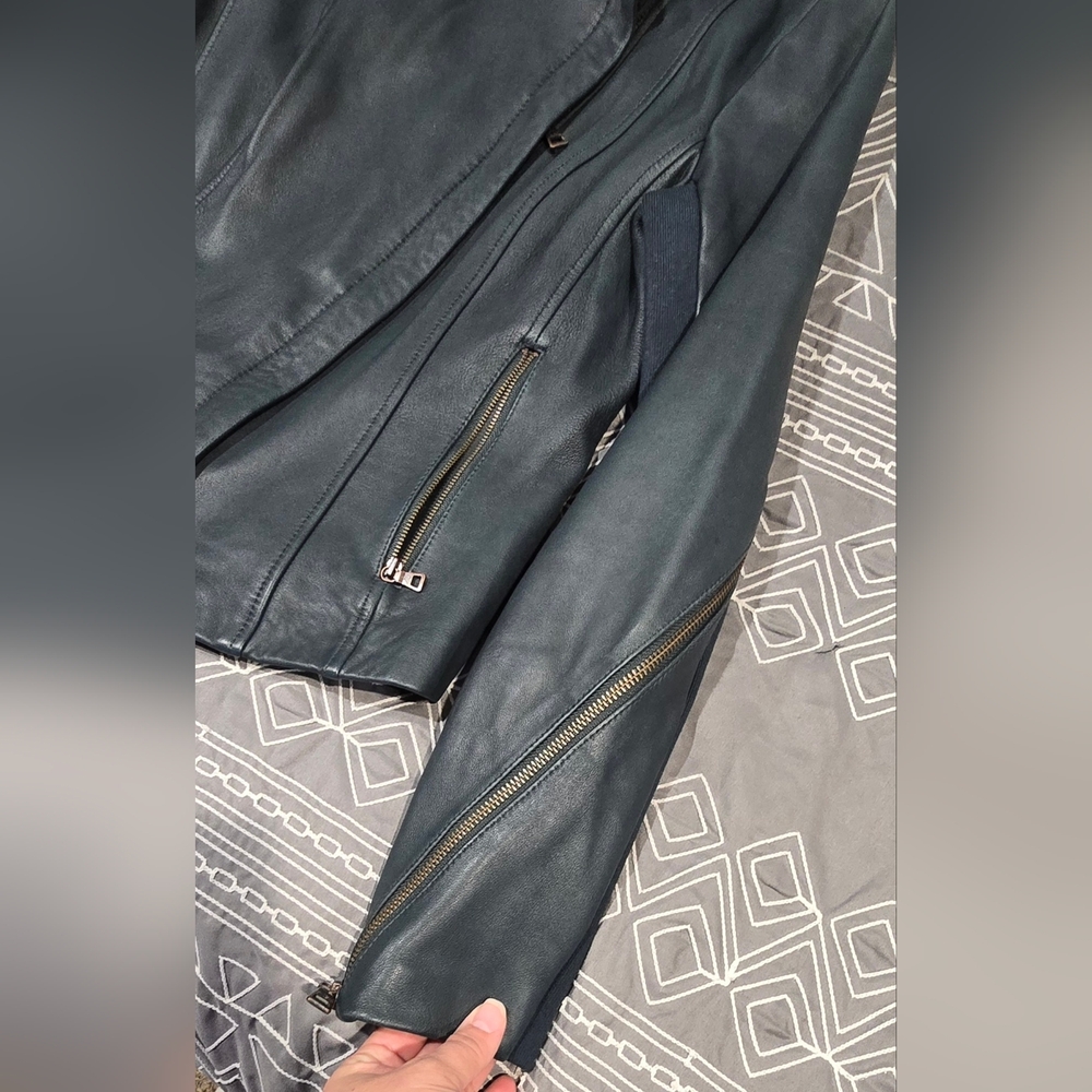 Sam Edelman Dark Green Leather Jacket Size XS - Picture 4 of 10